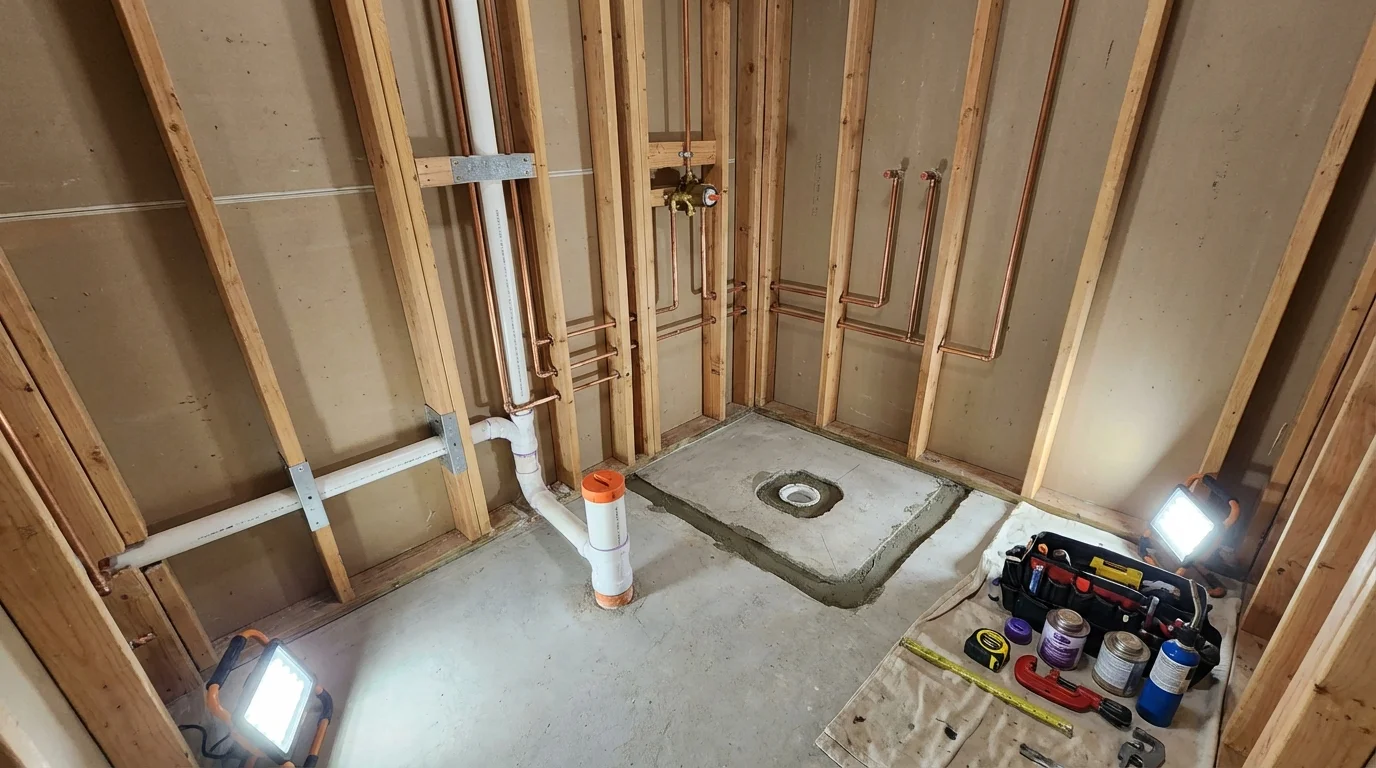 Bathroom rough-in plumbing during remodel by Johns Plumbing LLC in Glencoe