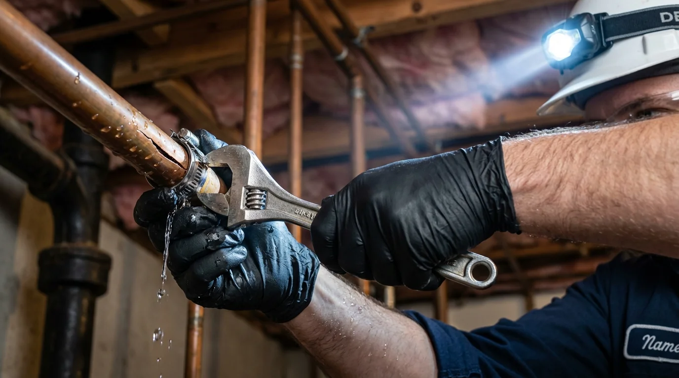 Emergency pipe clamp repair being performed by a Johns Plumbing LLC plumber in Glencoe