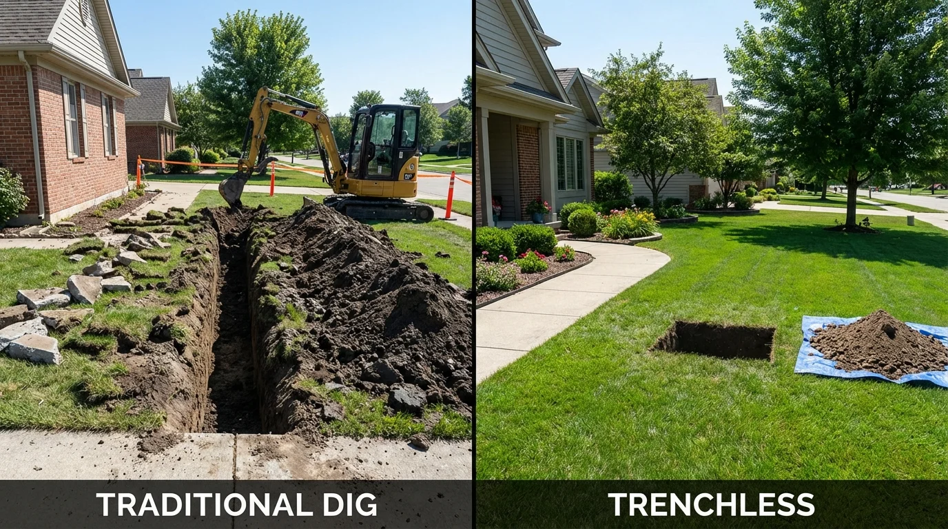 Trenchless sewer repair with minimal yard damage versus traditional excavation in Glencoe, IL