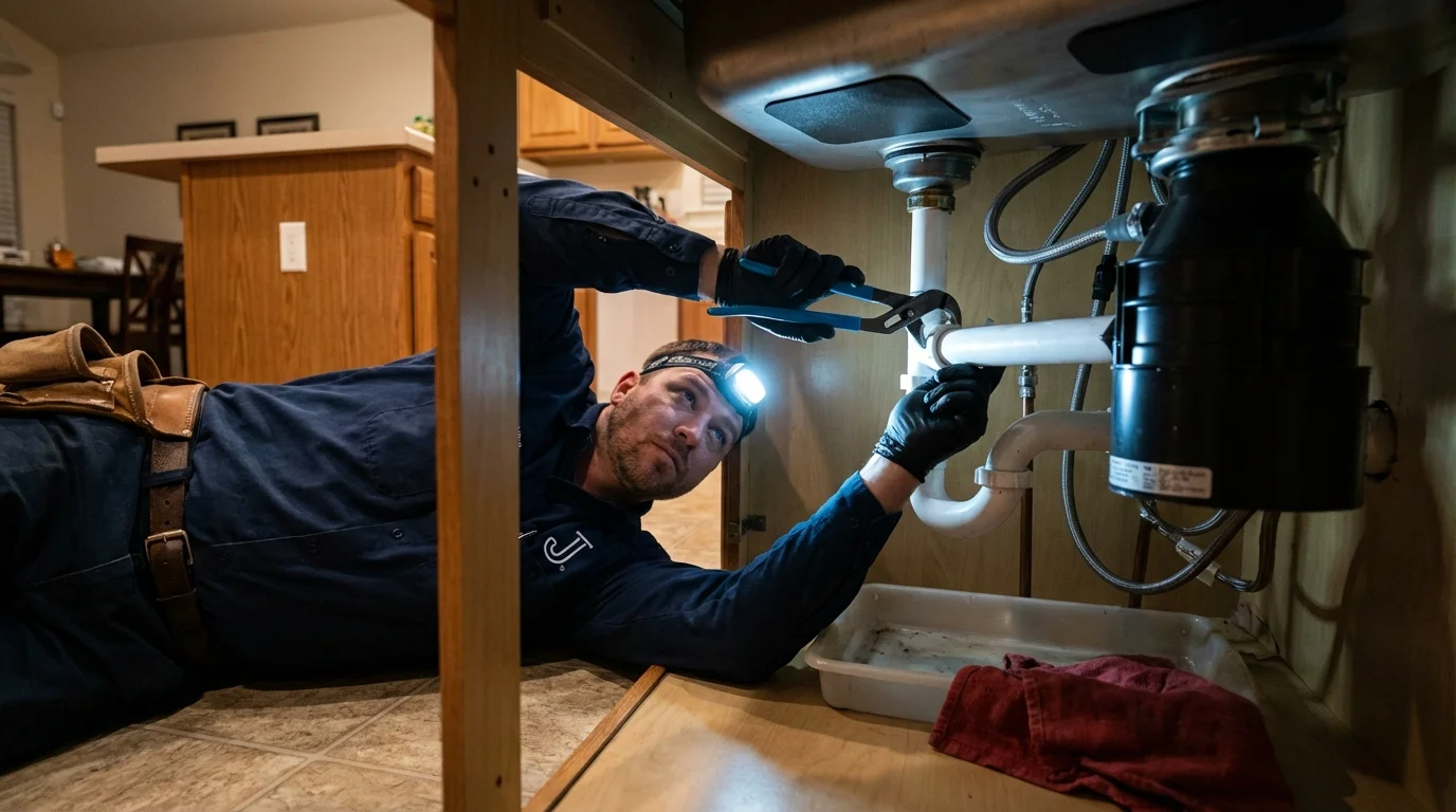 P-trap and supply line connections under a kitchen sink showing a common leak point in Glencoe, IL